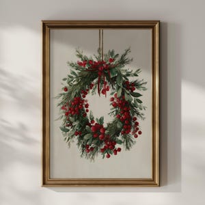 Vintage Red Berry Christmas Wreath Painting | Holiday Wall Art (Digital Download)