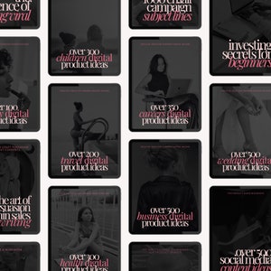 May include: Tablets displaying digital product ideas, each with pink text titles like "Over 300 Children Digital Product Ideas" and "Over 350 Careers Digital Product Ideas". The background is a dark grey.