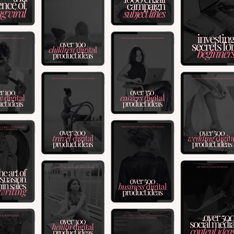 May include: Tablets displaying digital product ideas, each with pink text titles like "Over 300 Children Digital Product Ideas" and "Over 350 Careers Digital Product Ideas". The background is a dark grey.