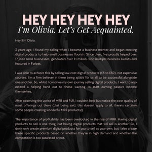 May include: A dark image featuring the text "HEY HEY HEY HEY I'm Olivia. Let's Get Acquainted." The text details Olivia's work as a business mentor, creating digital products for small businesses, and mentions Forbes.