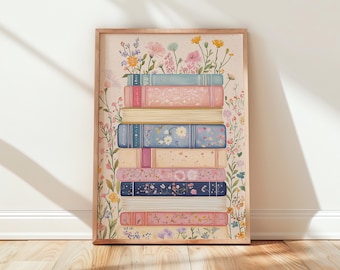 Floral Stacked Books Print | Book Lover Wall Art (Digital Download)