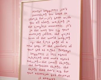 Happiness Quote Print | Pink & Red Typography Wall Art (Digital Download)