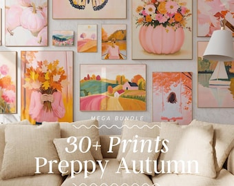 Pacote de arte de parede de outono elegante | impressão de outono rosa, arte de Halloween, galeria de arte de parede de outono, arte de outono em tons pastéis, arte de parede de outono, impressões de outono