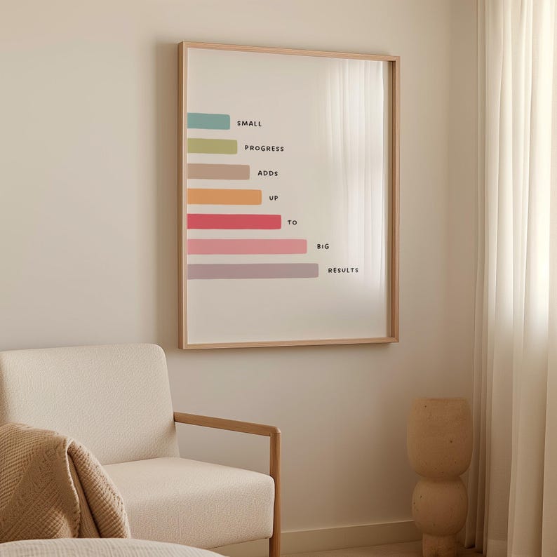 May include: A framed print with a minimalist design. The artwork features a series of horizontal bars in various colors, accompanied by the words "SMALL", "PROGRESS", "ADDS", "UP", "TO", "BIG", and "RESULTS". The frame is light wood.