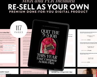 Puede incluir: Una guía digital titulada Quit the 9-5 Job This Year Your Complete Action Plan, que contiene 117 páginas. La portada muestra a una persona con traje rosa usando una computadora portátil. El documento incluye derechos MRR y PLR, calidad premium.