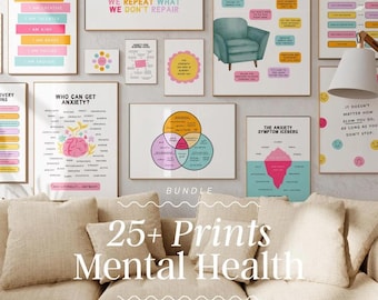 May include: A collection of framed prints with mental health themes, including the text "25+ Prints Mental Health". The prints feature colorful text and graphics, with phrases like "Sitting with your feelings" and "We repeat what we don't repair".