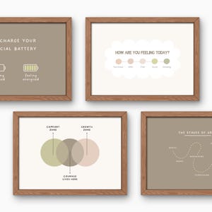 May include: Four framed prints with motivational text and graphics. One print reads "CHARGE YOUR CIAL BATTERY" with a battery graphic. Another asks "HOW ARE YOU FEELING TODAY?" with a mood chart. A third shows "COMFORT ZONE" and "GROWTH ZONE". The last shows "THE STAGES OF GR".