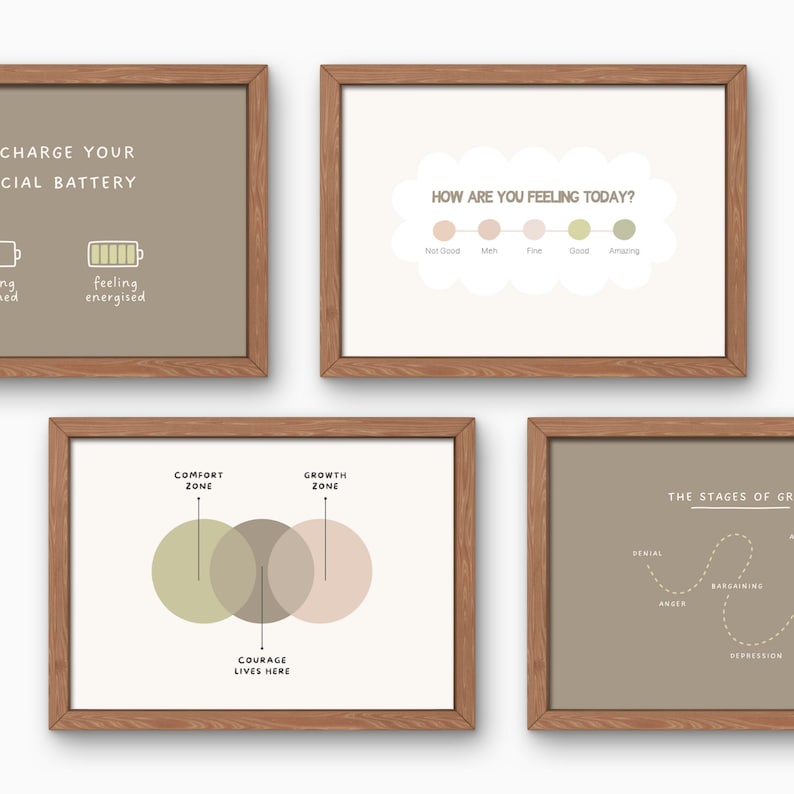 May include: Four framed prints with motivational text and graphics. One print reads "CHARGE YOUR CIAL BATTERY" with a battery graphic. Another asks "HOW ARE YOU FEELING TODAY?" with a mood chart. A third shows "COMFORT ZONE" and "GROWTH ZONE". The last shows "THE STAGES OF GR".