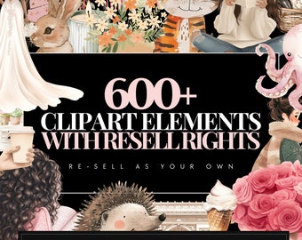 May include: Digital clipart elements with resell rights. The image features illustrations of a rabbit, tiger, unicorn, flowers, and a woman reading. Text reads "600+ Clipart Elements with Resell Rights".