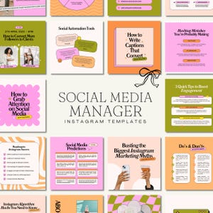 May include: A collection of Instagram templates for social media managers. The templates feature a pink, green, and orange color scheme with various text overlays, including "How to Write Captions That Convert" and "Social Media Predictions."