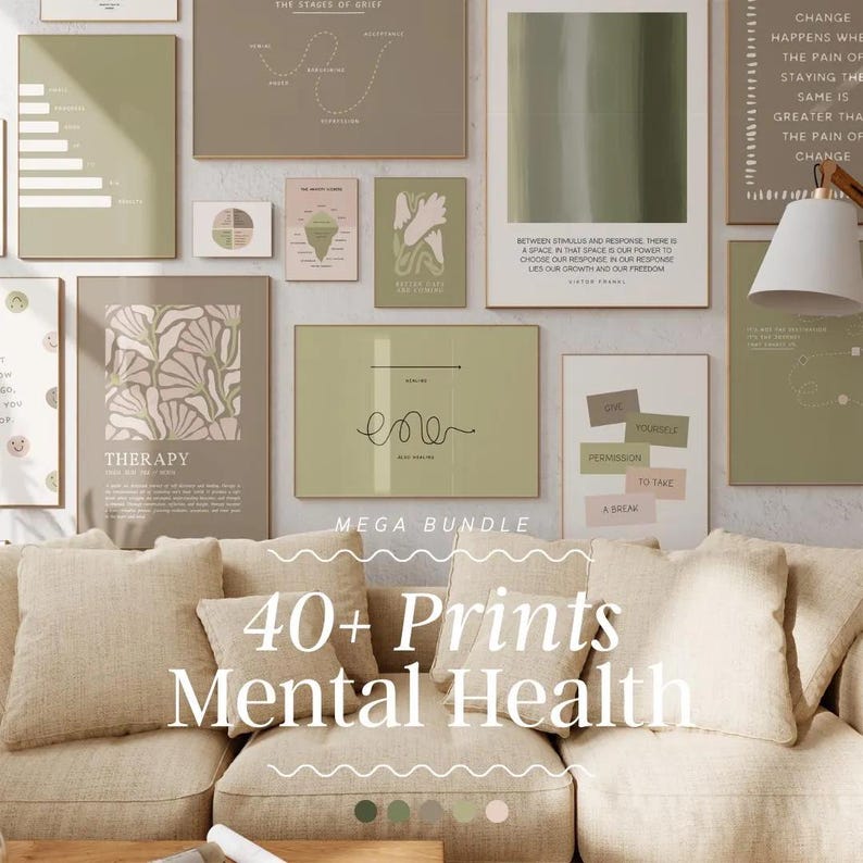 May include: A collection of framed art prints in various sizes and designs, featuring a neutral color palette of greens, browns, and creams. The prints include text and abstract graphics, with the words "THERAPY" and "MEGA BUNDLE 40+ Prints Mental Health" visible.