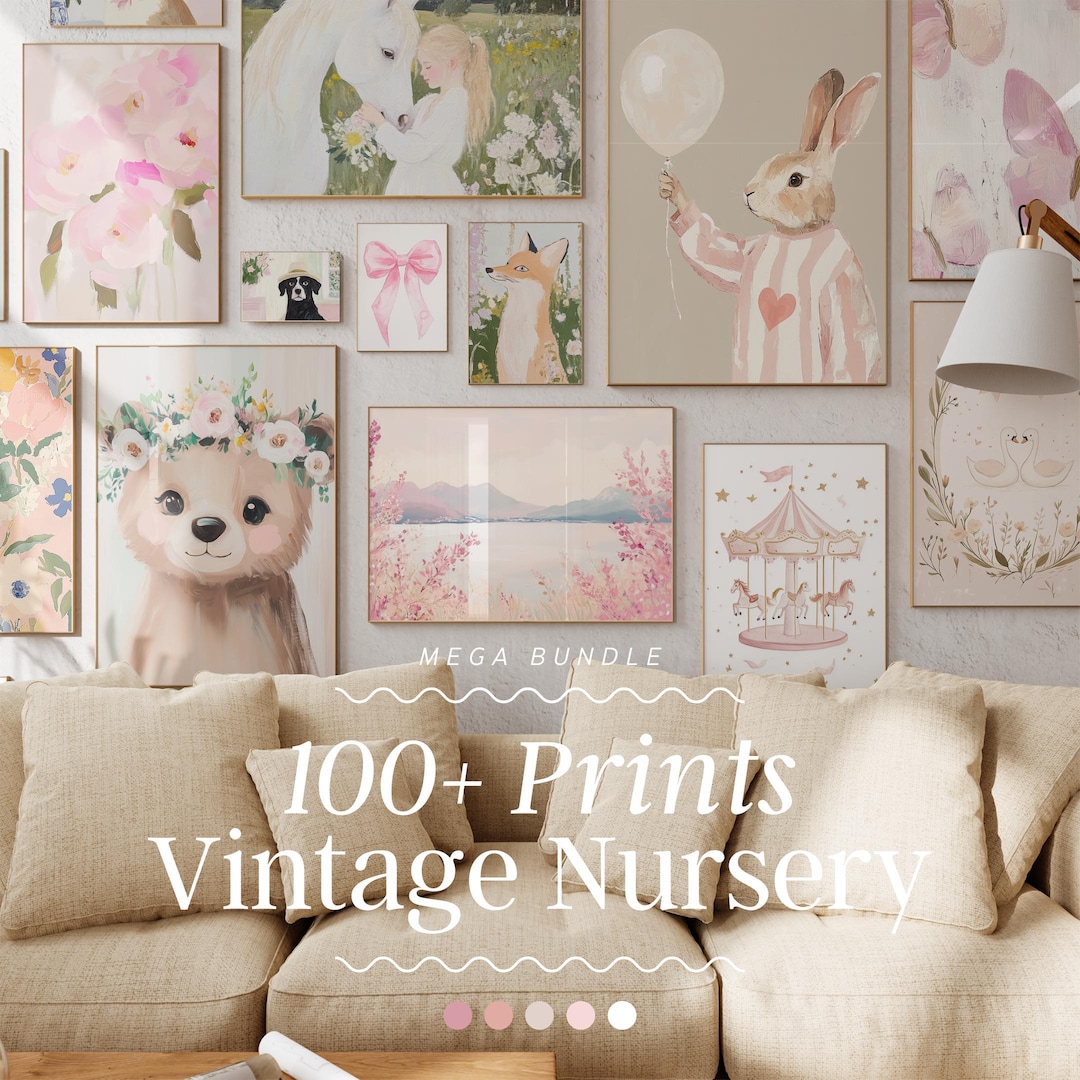Vintage Nursery Print Bundle | Pink Kids Wall Art (digital Download) - Etsy