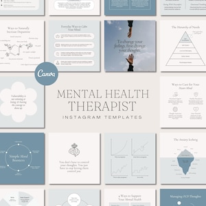 Op de afbeelding: Instagram-sjablonen voor een therapeut in de geestelijke gezondheidszorg. De sjablonen hebben een zacht kleurenpalet met tekst en afbeeldingen over onderwerpen als dopamine, angst en zelfzorg.