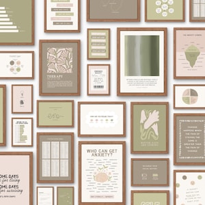 May include: A collection of framed art prints with various designs and text, including phrases like "Therapy" and "Who Can Get Anxiety?" The prints feature a neutral color palette with shades of green, beige, and brown, and are arranged on a white background.