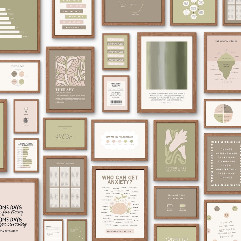 May include: A collection of framed art prints with various designs and text, including phrases like "Therapy" and "Who Can Get Anxiety?" The prints feature a neutral color palette with shades of green, beige, and brown, and are arranged on a white background.