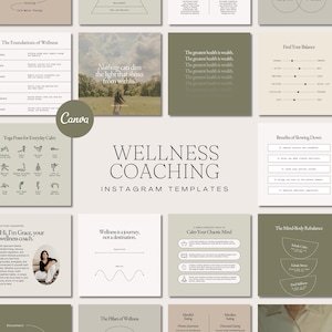 Peut inclure: Ensemble de modèles Instagram pour le coaching de bien-être. Les modèles présentent des superpositions de texte avec des phrases comme "Wellness Coaching" et "Yoga Poses for Everyday Calm". La palette de couleurs comprend des tons verts et beiges.
