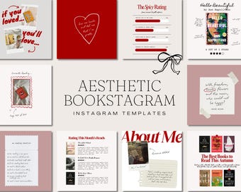 May include: Aesthetic Bookstagram Instagram templates in a soft, muted color palette. The design includes various layouts with text and images, such as book reviews, quotes, and reading lists. The overall theme is centered around books and reading.