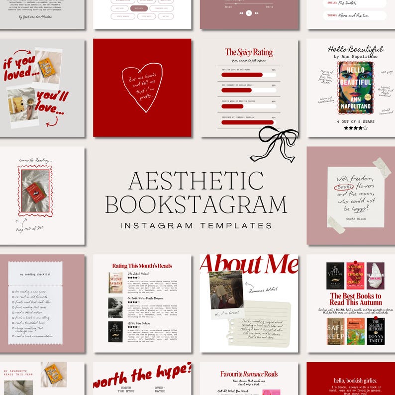 Puede incluir: Plantillas de Instagram Aesthetic Bookstagram en una paleta de colores suave y apagada. El dise&ntilde;o incluye varios dise&ntilde;os con texto e im&aacute;genes, como rese&ntilde;as de libros, citas y listas de lectura. El tema general se centra en los libros y la lectura.