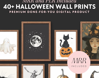 Peut inclure: Une collection d'affiches murales d'Halloween encadrées illustrant un fantôme, une lune, un chat noir sur une citrouille, une sorcière, un squelette et des citrouilles. Le texte indique MRR and PLR Included 40+ HALLOWEEN WALL PRINTS PREMIUM DONE-FOR-YOU DIGITAL PRODUCT.