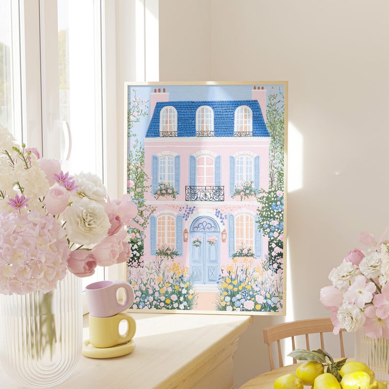 Pink House Summer Wall Art | Floral Print (digital Download) - Etsy