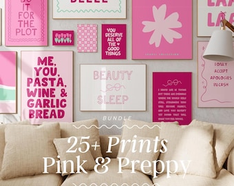 Preppy Pink Wall Art Print Bundle | Girly Room Decor (Digital Download)