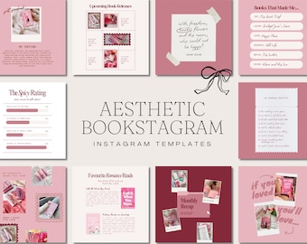 May include: Aesthetic Bookstagram Instagram templates in shades of pink and burgundy. The templates feature text and images for book reviews, upcoming releases, and favorite reads. The text includes phrases like "The Spicy Rating" and "Monthly Recap."