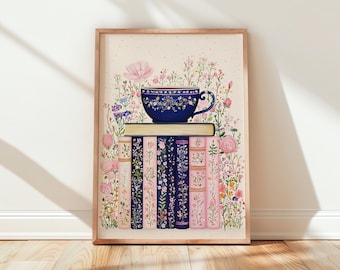 Book and Tea Cup Floral Print | Book Lover Wall Art (Digital Download)