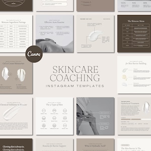 Könnte beinhalten: Eine Sammlung von Instagram-Vorlagen für Hautpflege-Coaching, die verschiedene informative Grafiken zeigen. Die Vorlagen behandeln Themen wie Hautpflege-Inhaltsstoff-Paarungen, Akne-Routinen und den Aufbau der Hautbarriere. Die Farbpalette ist neutral mit Beige- und Weißtönen.