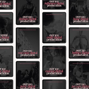 May include: A grid of tablets, each displaying a different digital product idea. Titles in pink text include "Fashion", "Crafts", and "Real Estate". The background is a neutral color, with a focus on the product ideas.