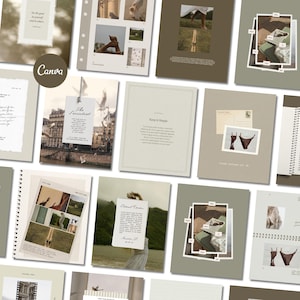 Op de afbeelding: Een verzameling esthetische journals en notitieboeken in beige, olijfgroen en wit. Sommige bevatten fotocollages en citaten. Het Canva-logo is zichtbaar. Het ontwerp is minimalistisch.
