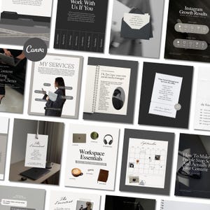 May include: A selection of social media and marketing templates in monochrome tones. The designs feature text like "Work With Us If You", "My Services", and "Workspace Essentials". The Canva logo is also present.
