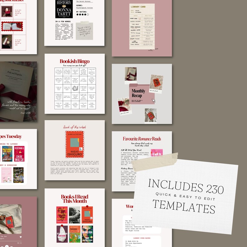 Puede incluir: Un conjunto de plantillas digitales para amantes de los libros, con dise&ntilde;os para rese&ntilde;as de libros, listas de lectura y tarjetas de biblioteca. Las plantillas son en tonos rosa, blanco y beige, con el texto "INCLUDES 230 QUICK & EASY TO EDIT TEMPLATES".