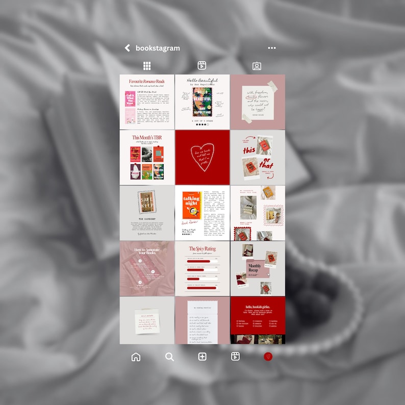 Puede incluir: Una cuadr&iacute;cula de publicaciones de Instagram con tem&aacute;tica de libros. Las publicaciones presentan texto e im&aacute;genes con una combinaci&oacute;n de colores rojo, blanco y rosa. Los t&iacute;tulos incluyen "Favorite Romance Reads", "Hello Beautiful" y "This Month's TBR".
