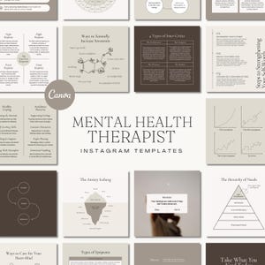 Puede incluir: Un conjunto de plantillas de Instagram para un terapeuta de salud mental. Las plantillas presentan diagramas y texto sobre temas como la serotonina, los críticos internos y la autoestima. La paleta de colores es neutra, con tonos marrones y blancos.
