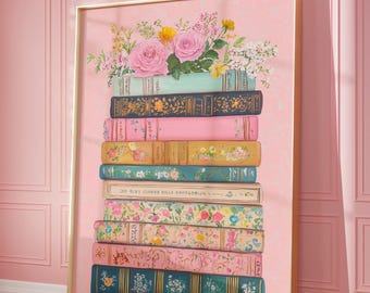 Vintage Book Stack Wall Art | Floral Book Lover Print (Digital Download)