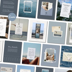 Op de afbeelding: Een verzameling diverse kaarten en briefpapier, met afbeeldingen van de oceaan, vogels en mensen. Het kleurenpalet omvat tinten blauw, wit en beige. Sommige kaarten hebben tekst, waaronder "The Societist" en "Work With Us".
