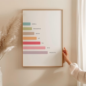 May include: A framed print with a minimalist design. The artwork features a series of horizontal bars in various colors, accompanied by the words "SMALL," "PROGRESS," "ADDS," "UP," "TO," "BIG," and "RESULTS." The frame is a light brown color.