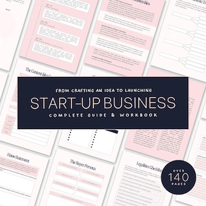 May include: A complete guide and workbook for starting a business. The cover features the text "Start-Up Business" in white on a dark blue background. The workbook includes over 140 pages of content, with pink and white pages.