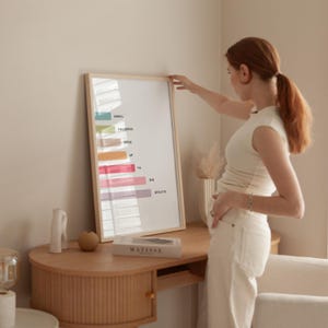 May include: A framed print with a light wood frame. The print features a colorful bar graph with the words "SMALL", "PROGRESS", "RODS", "UP", "TO", "BIG", and "RESULTS". The print is displayed on a wooden desk.