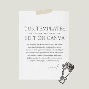 Puede incluir: Un papel blanco con el texto "OUR TEMPLATES ARE QUICK AND EASY TO EDIT ON CANVA". El papel est&aacute; pegado a un fondo beige claro. Una peque&ntilde;a ilustraci&oacute;n de ramo est&aacute; en la esquina inferior derecha.