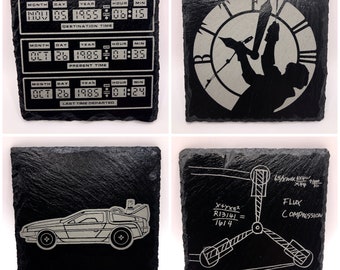 Leisteenonderzetters met Back To The Future-thema