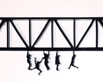 May include: Black silhouette of a bridge with five figures hanging from it. The figures are hanging from the bottom of the bridge, and their arms are outstretched. The bridge is made of metal and has a simple design.
