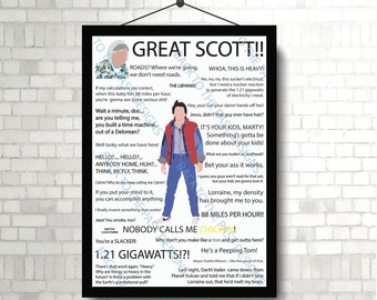 May include: A colorful illustration of a character from the movie Back to the Future. The character is standing in front of a white background with text from the movie. The text includes quotes like "Great Scott!" and "1.21 Gigawatts!"