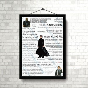 Puede incluir: Un póster en blanco y negro con citas de la película Matrix. El póster presenta una silueta del personaje Morpheus con un abrigo negro. Las citas incluyen "No hay cuchara", "Sé Kung Fu", y "¿Qué es real? ¿Cómo defines 'real'?"