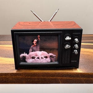 Könnte beinhalten: Ein Miniaturfernseher mit einer Oberseite in Holzoptik und einem schwarzen Rahmen. Der Bildschirm zeigt eine Szene mit einer Person, die auf einem großen, pelzigen Wesen reitet und die Faust hebt. Das Gerät hat zwei silberne Antennen und Knöpfe.