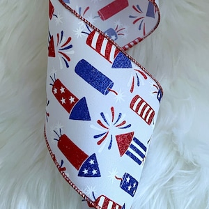 Firecracker, 4th of July, Red, White & blue Glitter Wired Ribbon,  Bows, Home Decor, Gift Baskets,  4&quot; Wide, 1 YARD