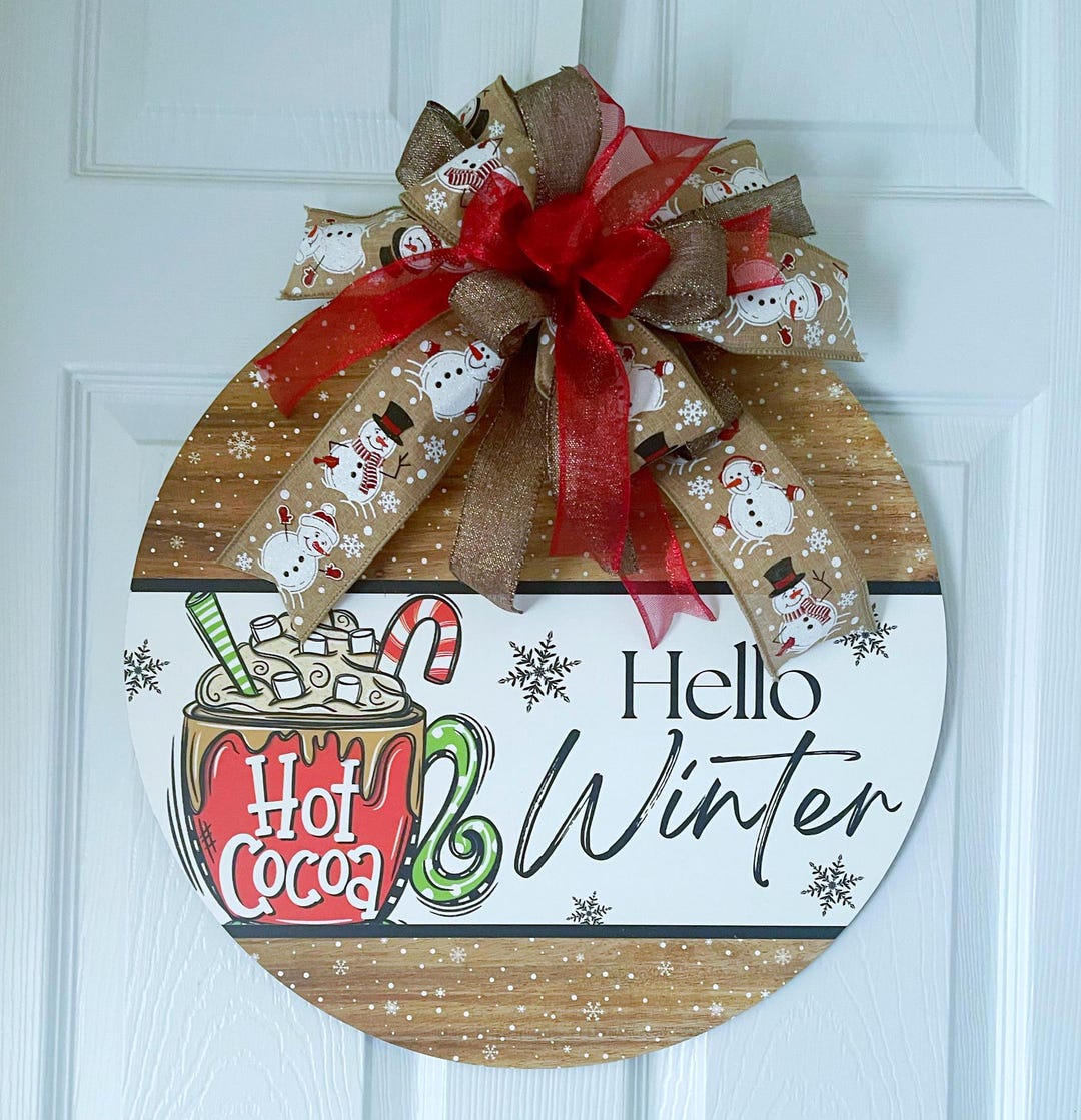 Hello Winter Wooden Round Door Hanger With Hot Cocoa, 18" Round Winter ...