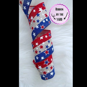 Red, White, blue and beige Star Wired Ribbon, 4th of July, USA, American, Patriotic, Bows, Home Decor, Gift Baskets,  2.5&quot; Wide, 1 YARD
