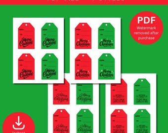 Puede incluir: Descarga digital de etiquetas de regalo navideñas imprimibles en rojo y verde. Cada etiqueta incluye espacio para "De" y "Para" y las palabras "Feliz Navidad" en una fuente festiva. La imagen también incluye el texto "Descarga instantánea".
