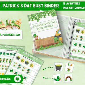 May include: A St. Patrick's Day Busy Binder with 12 activities for kids. The binder has a green cover with shamrocks and a leprechaun. The activities include counting, finding the different objects, and what comes next.